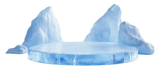Ice podium with icy rocks in winter setting, isolated on transparent cutout background