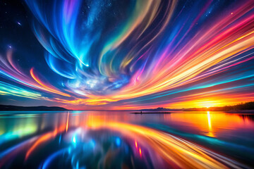 Ethereal multicolored lightscapes reflect on calm water at sunset