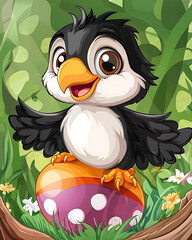 Naklejka premium Happy bird perched on a decorated egg in lush greenery.