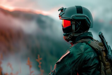 Obraz premium A man in a black jacket and goggles is standing on a mountain