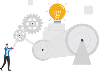 Great idea development, strategy to success or improvement, efficiency or productivity concept, careful planning, businessman moves the cogwheel gears to activate the lightbulb idea