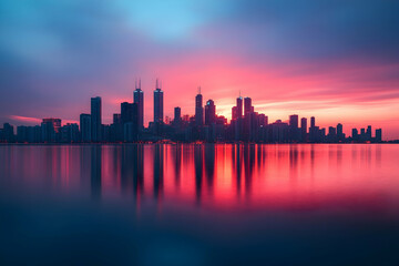Fototapeta premium Stunning City Skyline At Sunset With Vibrant Pink And Blue Reflections On The Water, Depicting Modern Urban Life. Generative AI