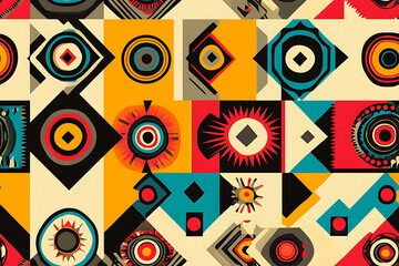Vibrant geometric textile design; bold colors, concentric circles, and sharp shapes.