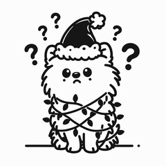 A confused puppy wearing a Santa hat is wrapped in Christmas lights, surrounded by question marks, adding a playful and festive touch.