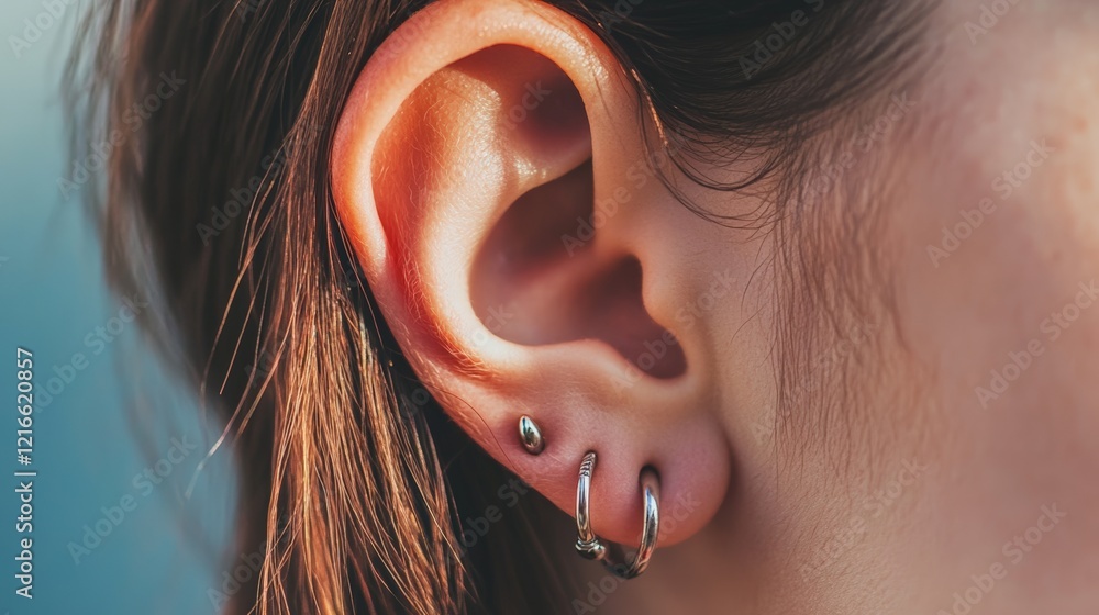 Poster close up of a woman's ear adorned with multiple piercings, showcasing intricate details of the outer