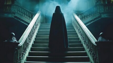 Fototapeta premium Hooded figure ascending grand staircase in haunted mansion; mystery, horror, film