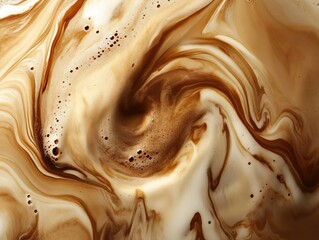Swirls of coffee and milk create an abstract pattern, a captivating blend of colors and textures.