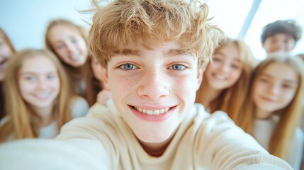 Fototapeta premium Teenagers capturing joyful moments, vibrant expressions, casual setting, bright atmosphere, playful interactions, showcasing friendship and spontaneity in an open space
