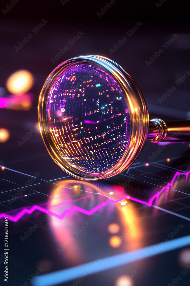 Poster an elegant illustration of a magnifying glass over financial graphs with hidden spy icons subtly int