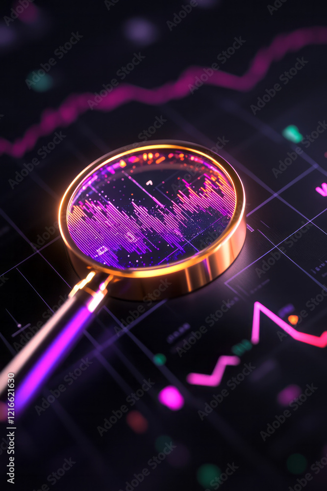 Poster an elegant illustration of a magnifying glass over financial graphs with hidden spy icons subtly int