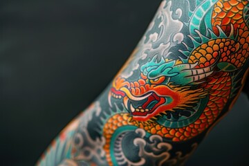 Obraz premium Photography of a colorful dragon tattoo on an arm 