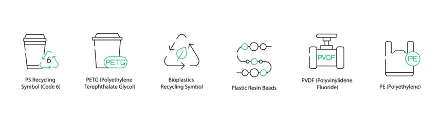 Polyethersulfone Recycling Symbol, Polyethylene Terephthalate Glycol-Modified, Bioplastic Recycling, Plastic Resin Bits, Polyvinylidene Fluoride, and Polyethylene Material Icons - Vector Illustration