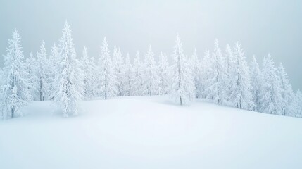 Fototapeta premium Snowy winter forest, serene landscape blanketed in white, perfect for holiday themes, tranquil atmosphere, inviting open space for festive ideas and seasonal warmth
