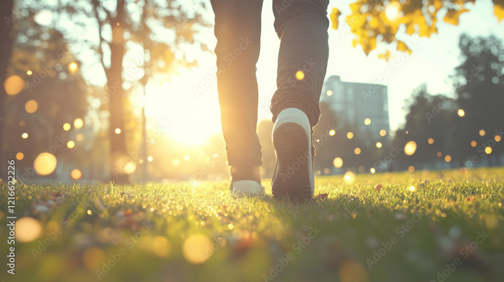 Poster a serene image of a visually impaired person enjoying a walk in the park with the aid of computer vi