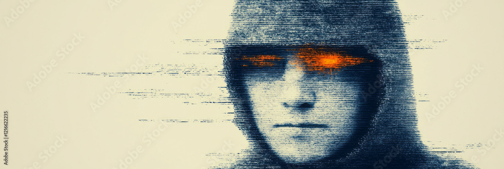 Poster an elegant portrayal of a blind artist using computer vision technology to create digital artwork th