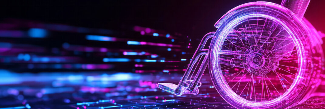 A dynamic digital artwork portraying a smart wheelchair equipped with computer vision, enhancing mobility and independence for blind users,
