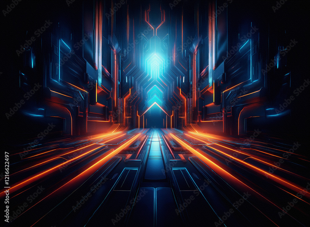 Aufkleber abstract digital artwork. glowing neon orange and blue lines form a futuristic, symmetrical corridor