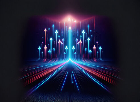 Glowing arrows ascend a grainy, textured paper-like path, converging at a bright light source. The image evokes growth and upward movement.