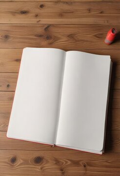 An open book with a clean and unlined blank page on a modern wooden table background, understatement, subtlety, simplicity