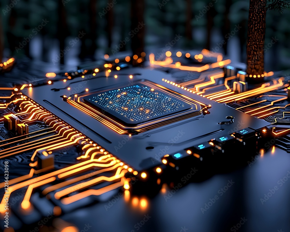 Aufkleber celebration of science and technology day, glowing double exposure of a circuit board design with lu
