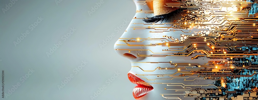 Poster celebration of science and technology day, double exposure of a face merging with artificial element