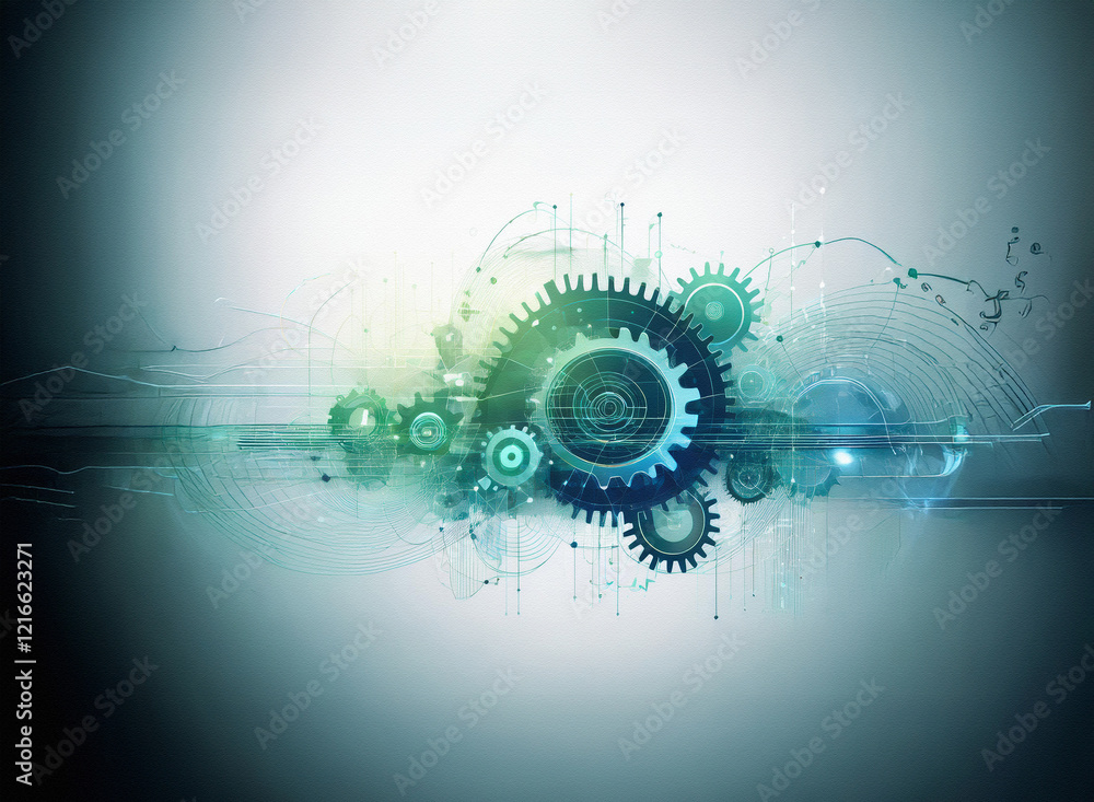 Poster abstract digital artwork featuring interconnected gears on a grainy paper texture background. cool t