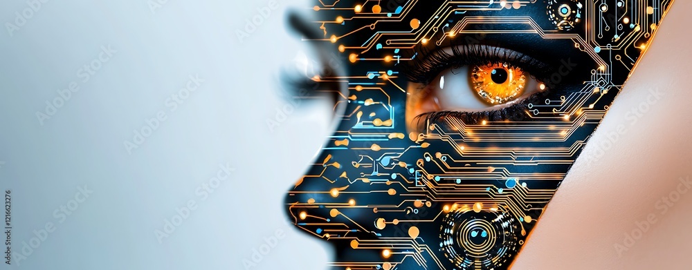 Poster celebration of science and technology day, double exposure of a human face merging with artificial e