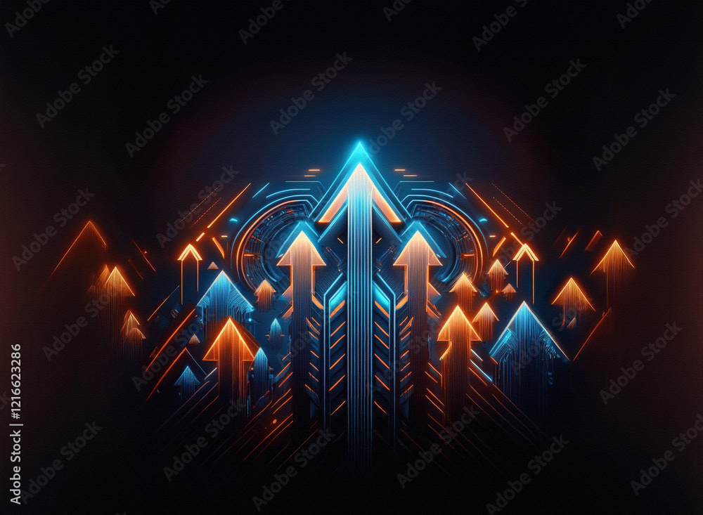 Poster Glowing arrows ascend on a grainy paper texture background.  The central arrow is brighter, surrounded by smaller ones, creating a dynamic, upward movement.