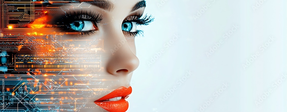 Poster celebration of science and technology day, artistic double exposure of a face merging with abstract 