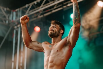 Fototapeta premium A man with tattoos on his arm is holding his arms up in the air