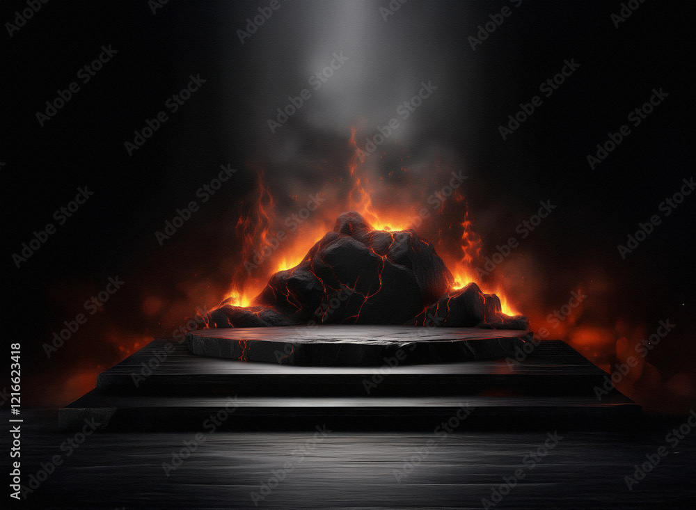 Poster a fiery, smoky scene with a dark, griany paper-textured platform. lava rocks glow intensely, creatin