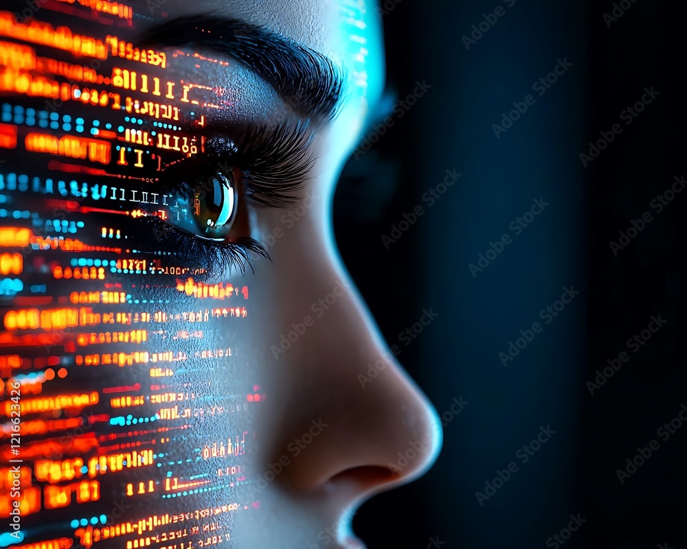 Poster celebration of science and technology day, double exposure of a glowing holographic face merging wit