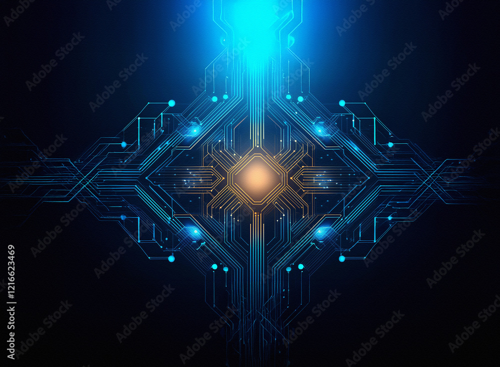 Poster glowing digital circuitry on a grainy paper texture background. a central processor is highlighted w