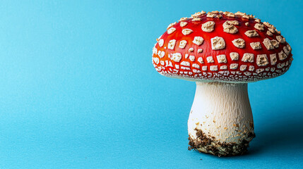 Obraz premium Stunning Close-up of a Red and White Spotted Mushroom on a Blue Background