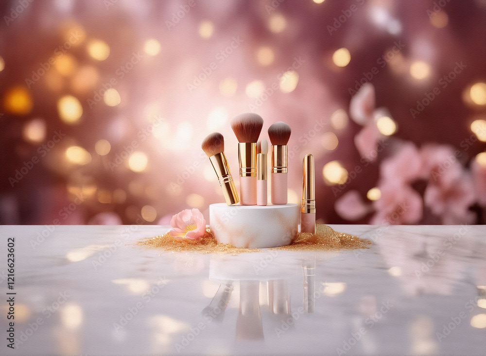 Poster A set of makeup brushes with golden accents sits in a marble holder on a grainy paper-textured surface.  Soft, romantic bokeh background.