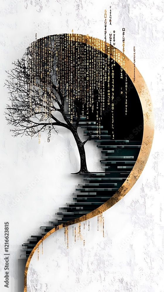 Aufkleber celebration of science and technology day, artistic representation of a brain with tree and binary c