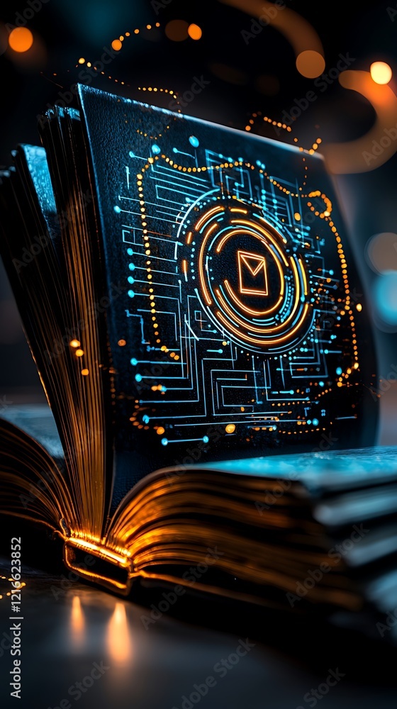 Aufkleber celebration of science and technology day, open book icon with neon circuit design displaying modern