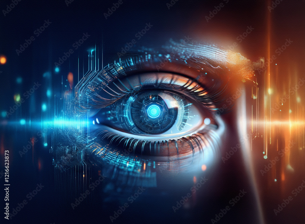 Aufkleber Close-up of a human eye digitally enhanced with futuristic circuitry.  Granular paper texture is subtly implied.  The image evokes themes of technology and biomechanics.