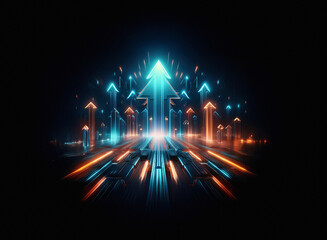 Glowing cyan and orange arrows ascend on a dark, grainy paper texture, creating a dynamic,...