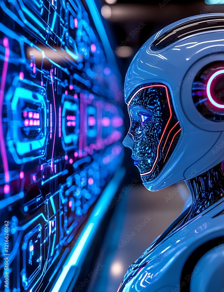 Poster celebration of science and technology day, futuristic classroom illustration with advanced technolog