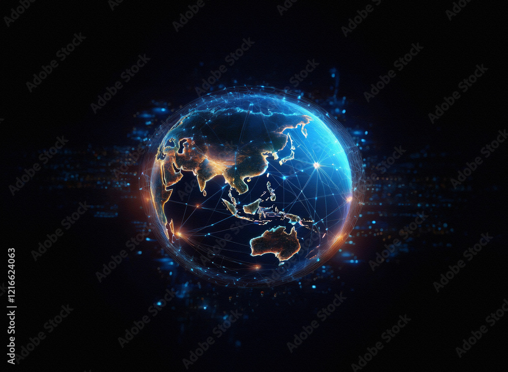 Poster A grainy, textured paper-like effect depicts a digital globe, glowing with interconnected nodes, representing global networks and data flow against a dark background.