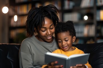 Obraz premium A woman and a child are sitting on a couch reading a book together