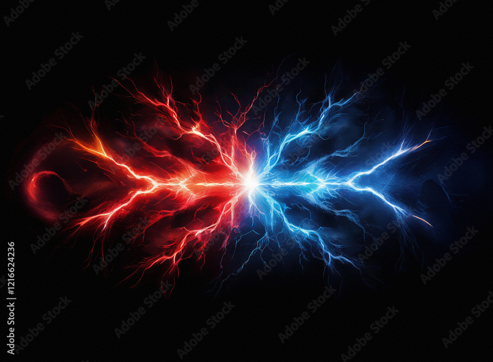 Poster clashing red and blue energy streams on a grainy paper texture background. a fiery, electric abstrac
