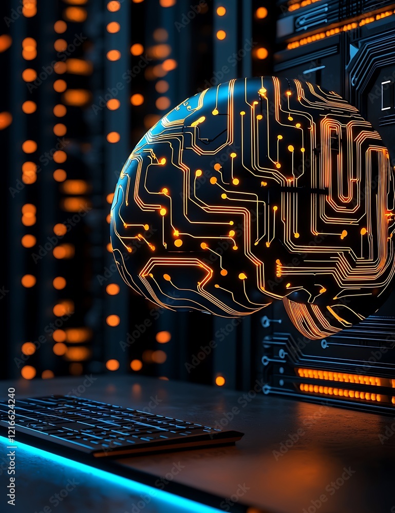 Poster celebration of science and technology day, abstract illustration of a human brain with circuit patte
