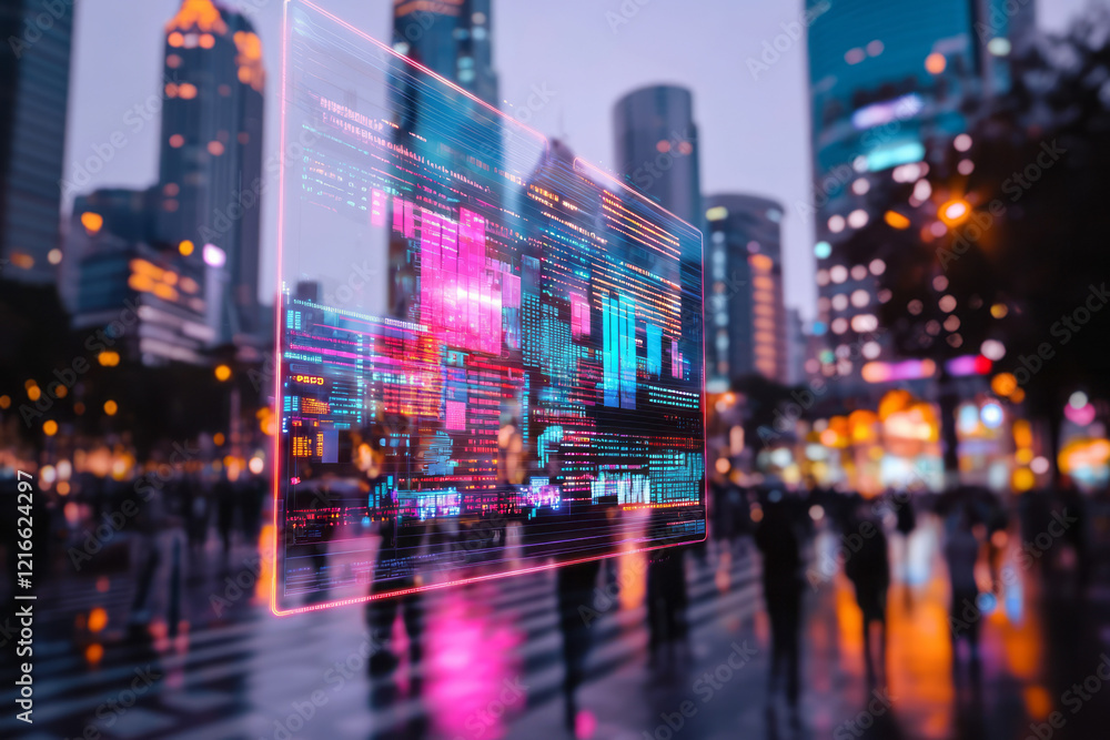 Poster a futuristic cityscape with advanced technology and floating holographic displays predicting future 