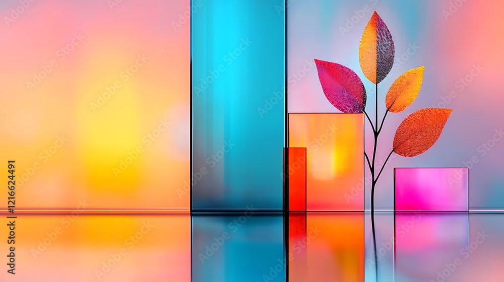 Aufkleber celebration of science and technology day, futuristic design with colorful shapes and leaf motif on 