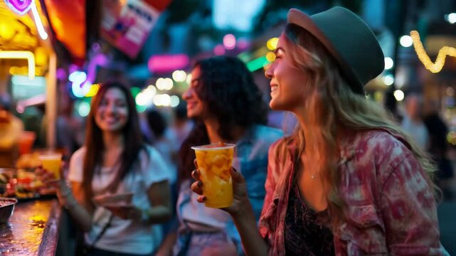 Young women enjoying street food and drinks at night market