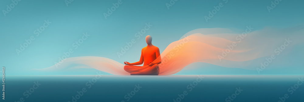 Poster a serene image of a person meditating with translucent layers of future possibilities hovering aroun