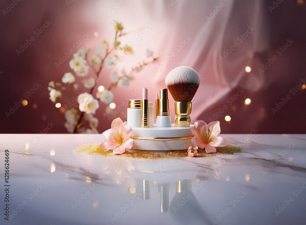 Poster a glamorous beauty product display sits on a marble surface. the grainy paper texture of the backgro