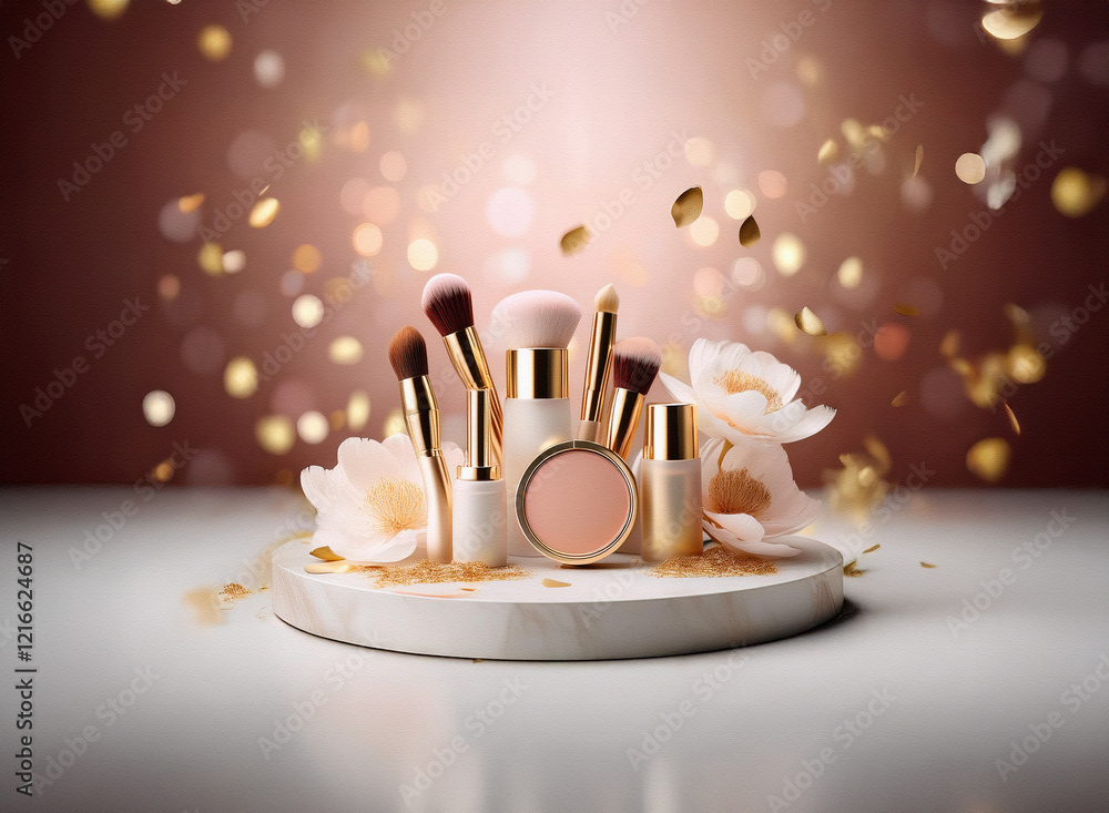 Poster elegant makeup brushes and cosmetics arranged on a marble platform with golden confetti and delicate